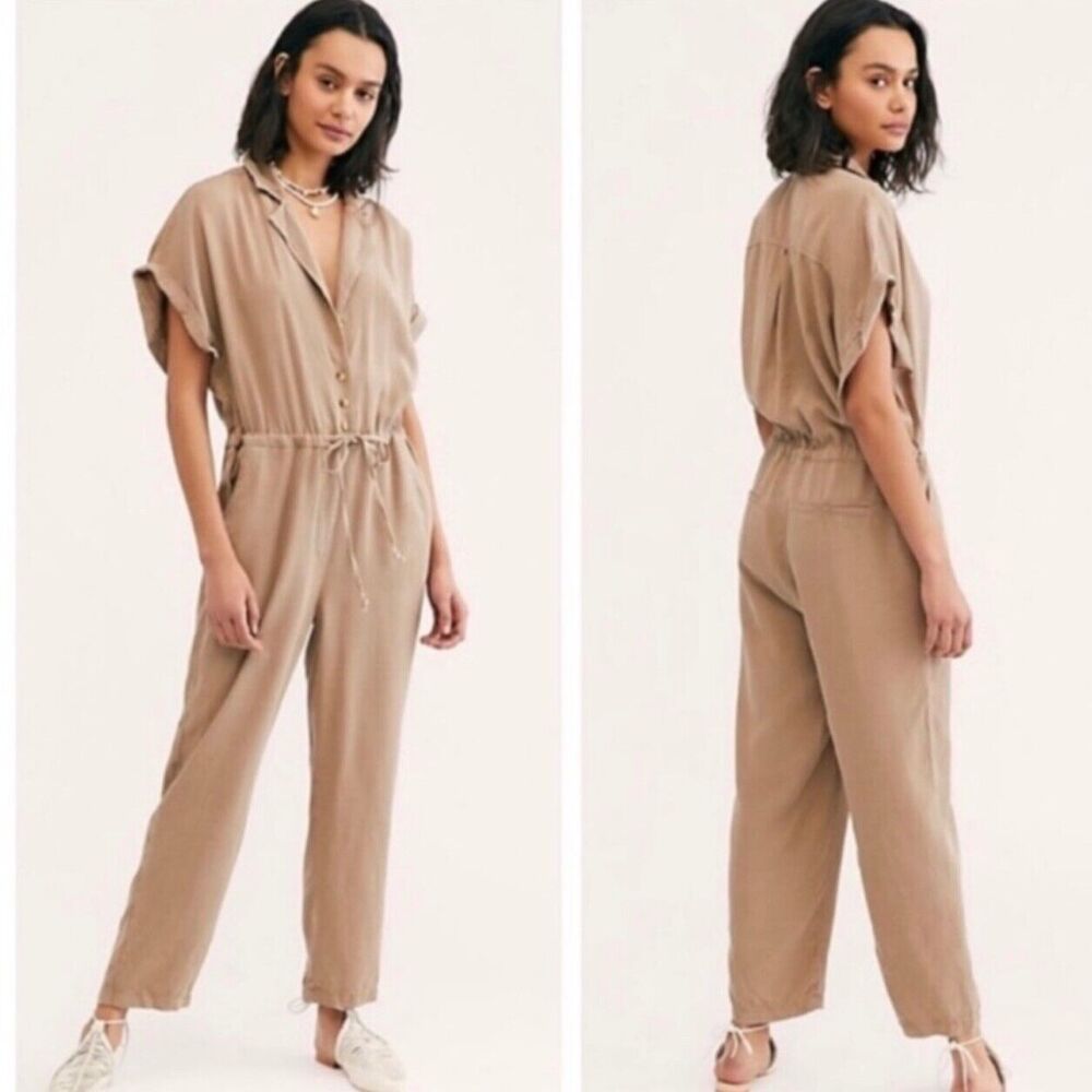 Free People Lottie Jumpsuit Small Tan Neutral Drawstring Waist Straight Leg